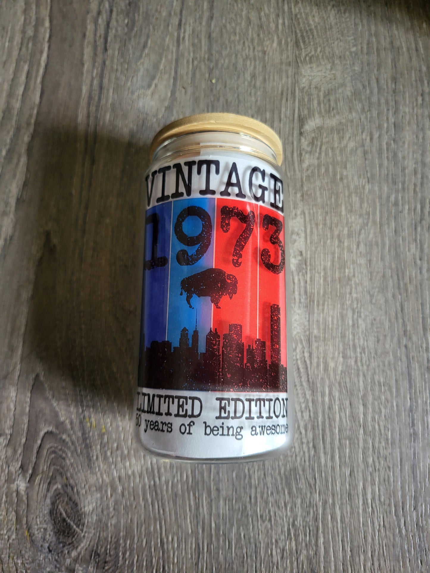 Vintage 1973 Buffalo Short Tumbler (note: tumbler is clear, just white paper in it to show image)